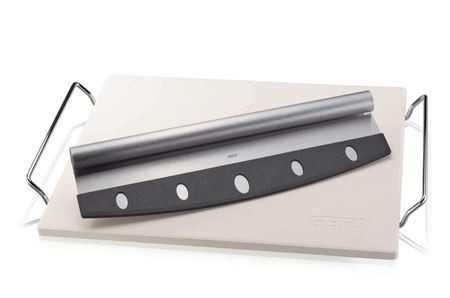 GEFU DARIOSO Zestaw: Nóż do pizzy + kamień ze stojakiem okrągły kwadratowy