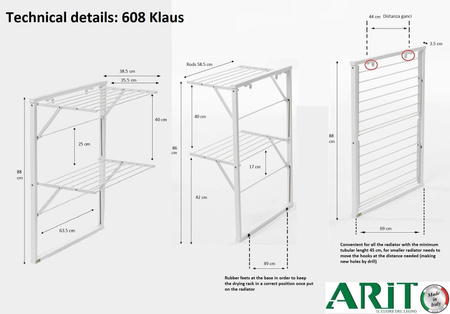 ARREDAMENTI KLAUS Suszarka na pranie na kaloryfer - 89 x 68 cm, Biały